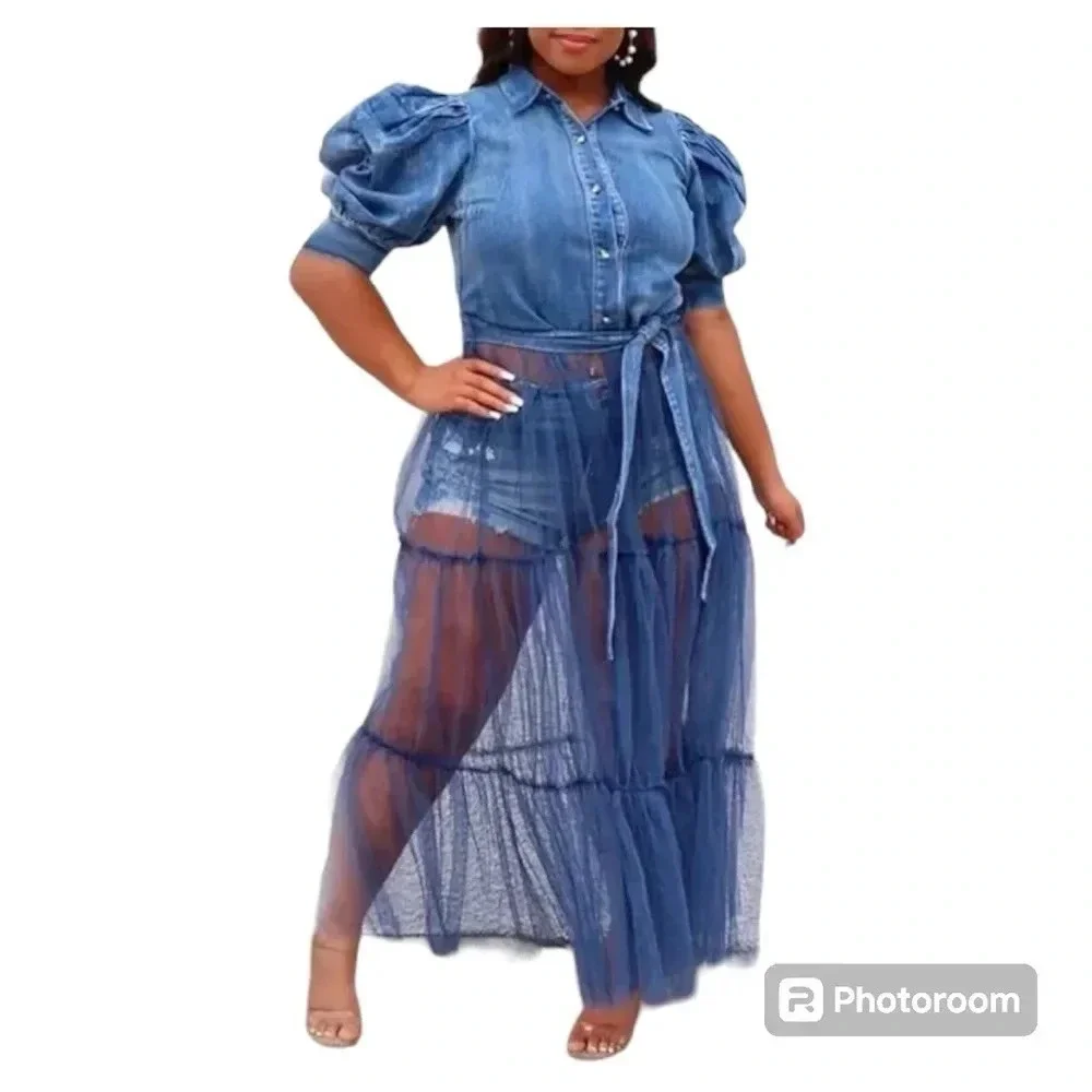 XPLUS WEAR Short Puffed Sleeves Tie Waist Tiered Tulle Hem Denim Blouse size 3XL - Picture 2 of 7